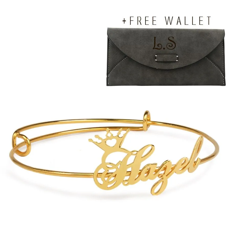 Adjustable Name Crown Bangle with FREE Wallet