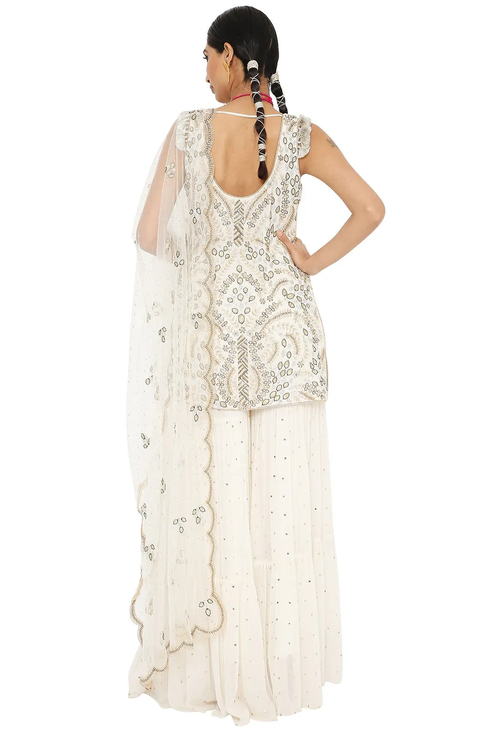 Afra Embroidered Kurta With Sharara And Net Dupatta