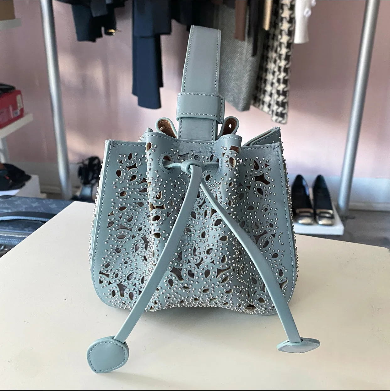 Alaia Light Blue Stud Rose Marie 16 Mini Bag