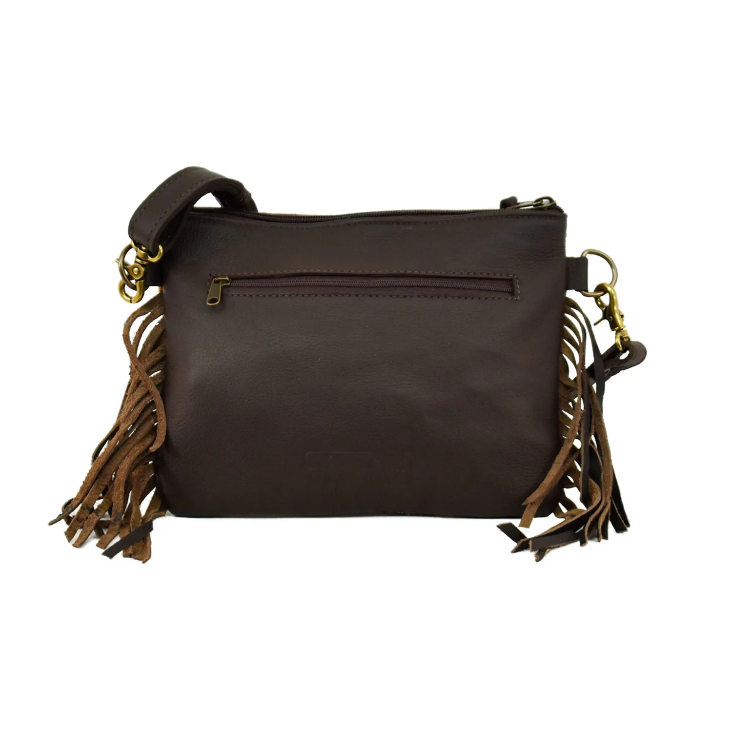 American West Brown Multi Leather Tapestry Fringe Crossbody Bag