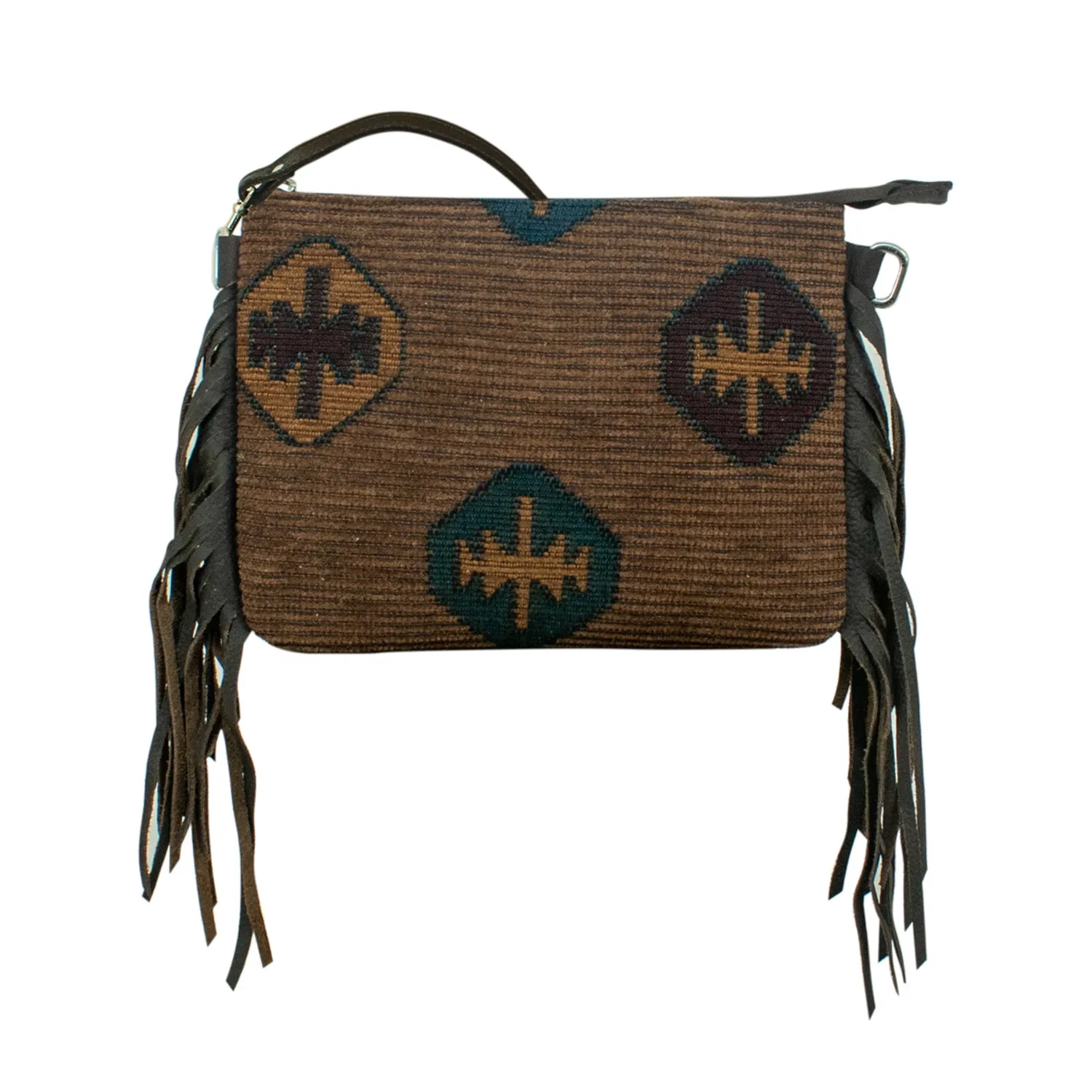 American West Brown Multi Leather Tapestry Fringe Crossbody Bag