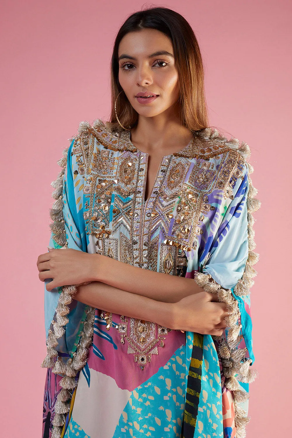 Aqua Tropical Print Kaftan And Palazzo