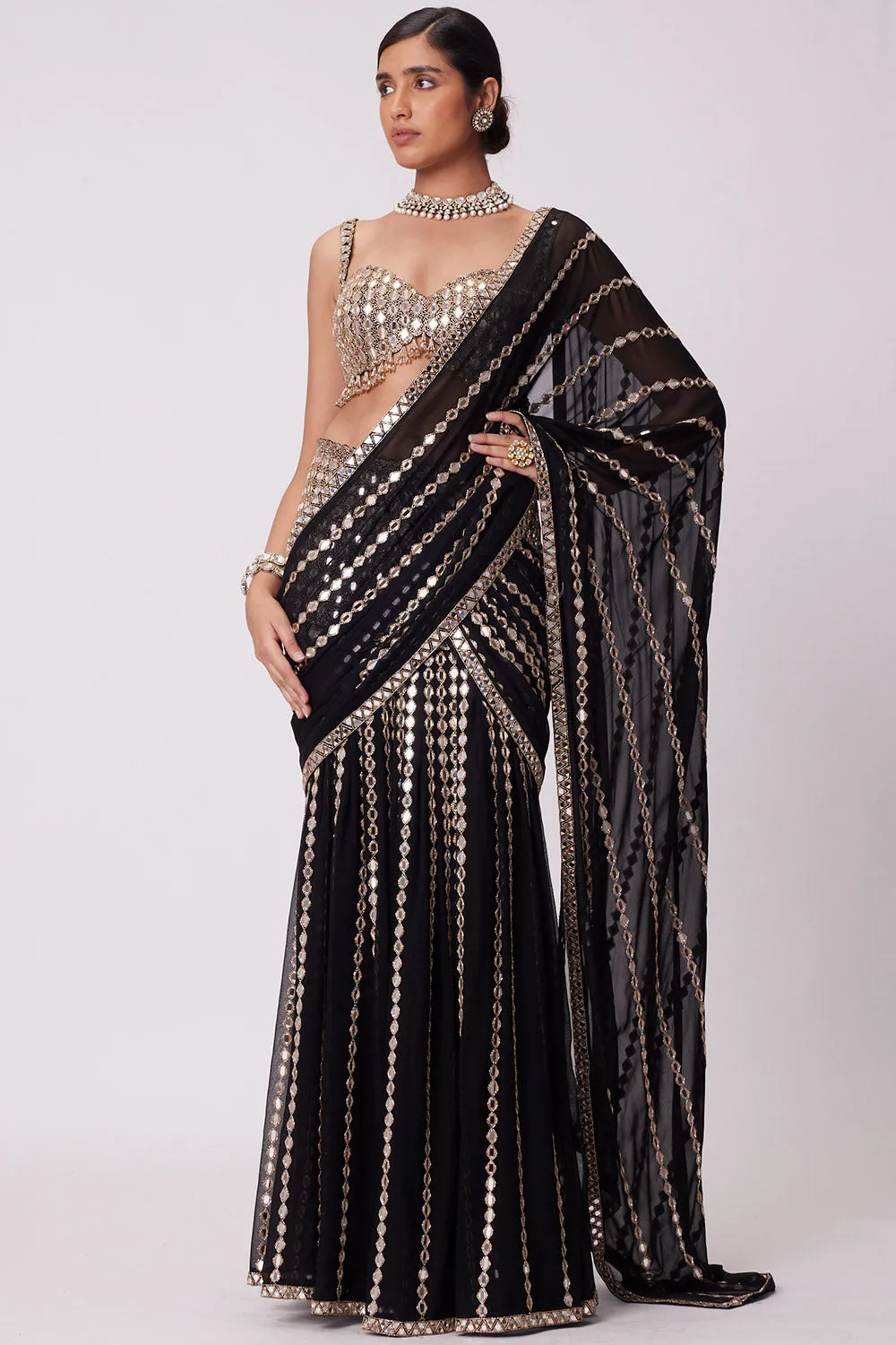 Black Pre Draped Saree Set