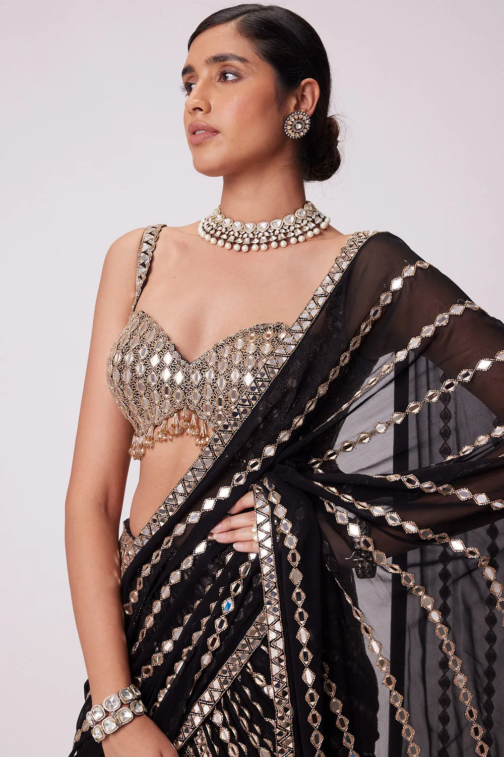 Black Pre Draped Saree Set