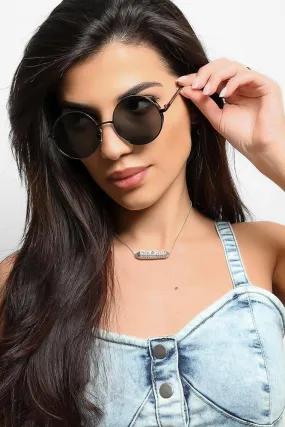 Black Retro Round Aviator Sunglasses