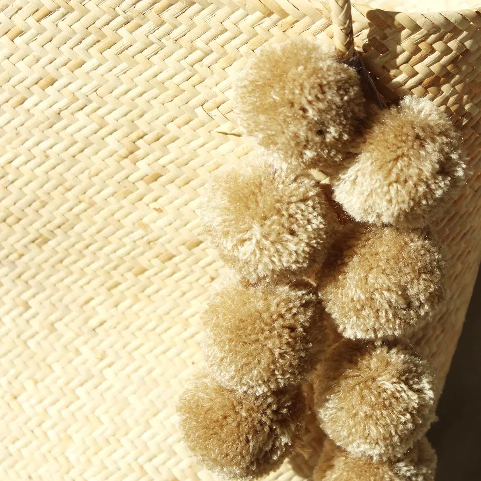 Borneo Serena Straw Tote Bag With Nude Beige Pom-Poms