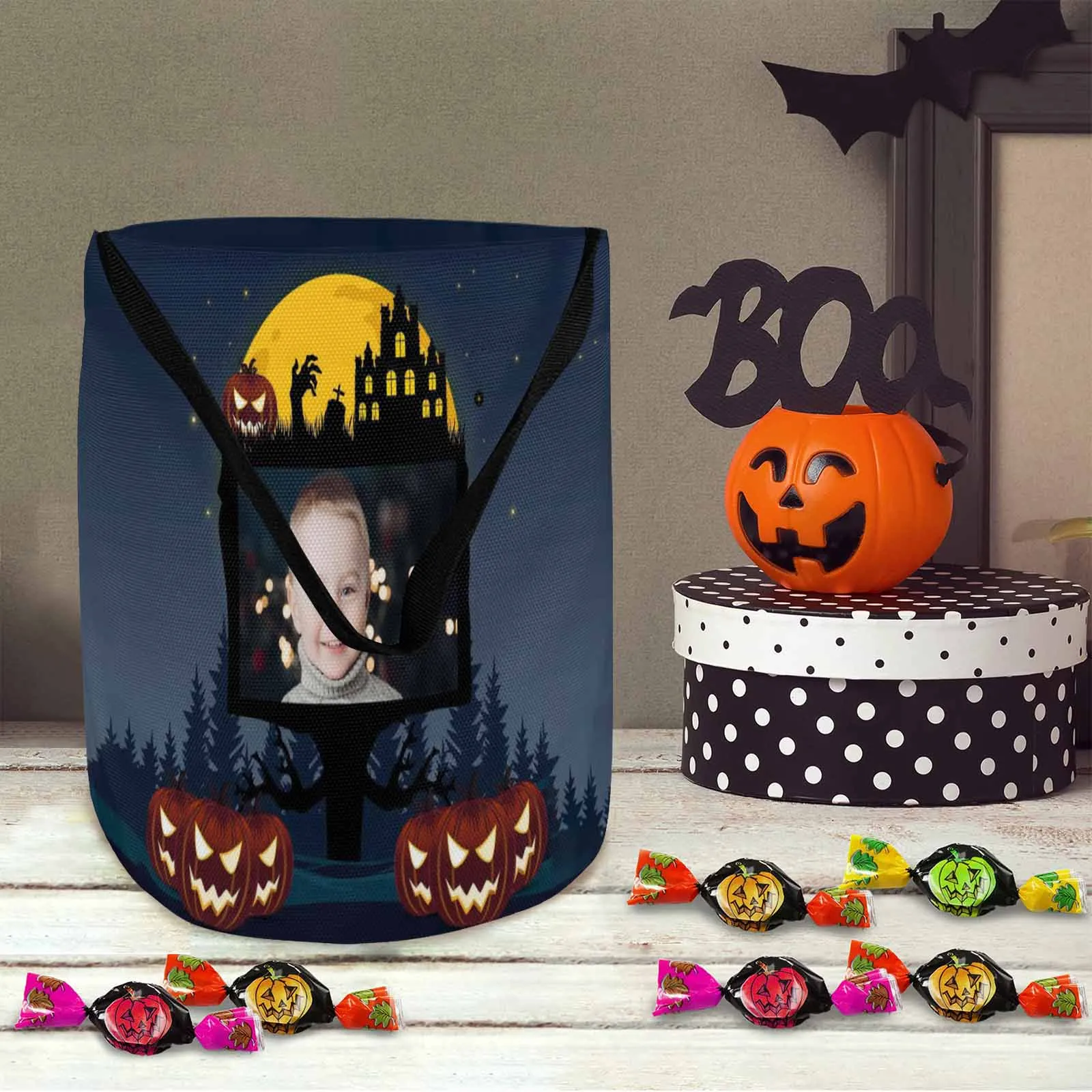 Custom Photo Castle Tree Halloween Trick or Treat Colorful Tote Bags (8.26 x 7.87)