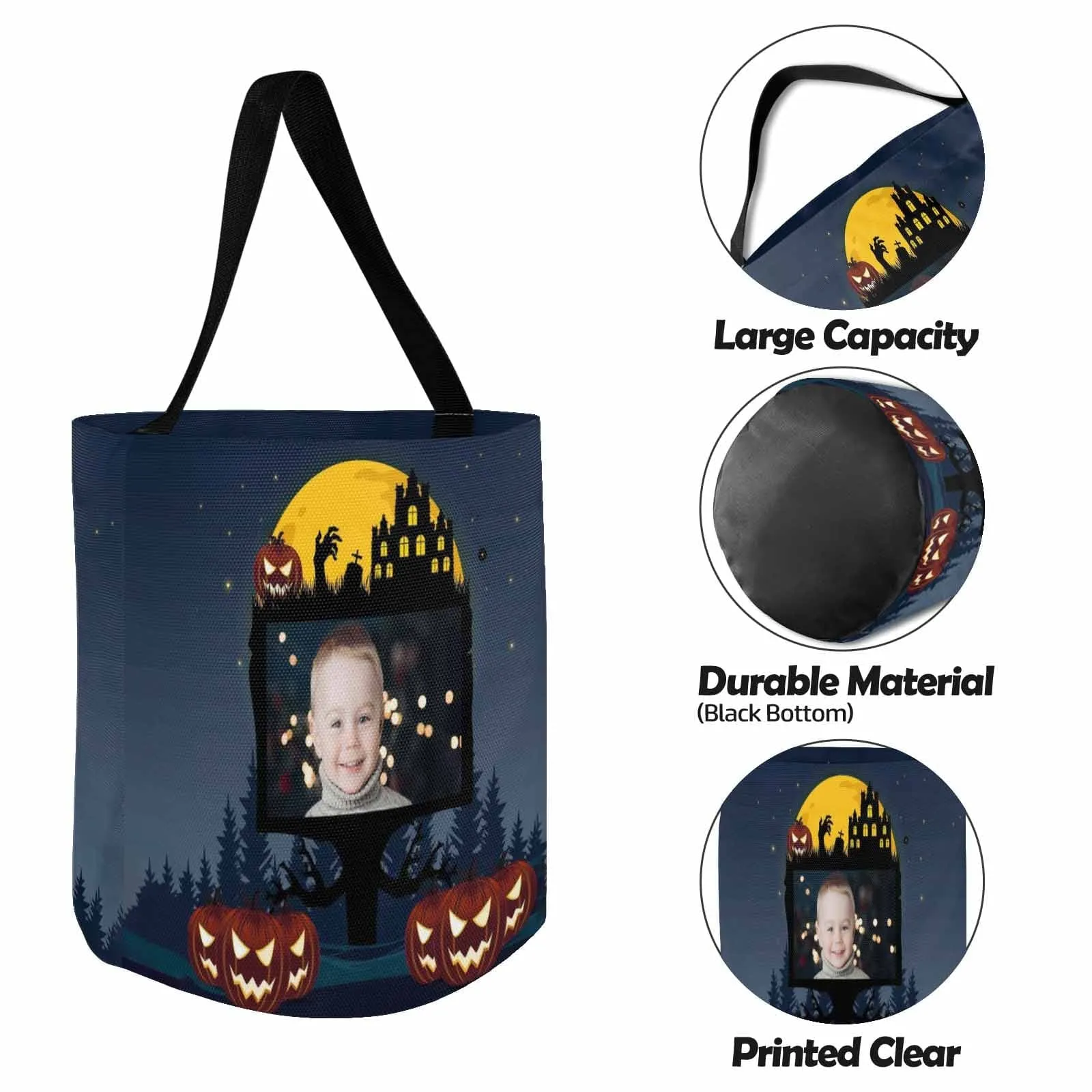 Custom Photo Castle Tree Halloween Trick or Treat Colorful Tote Bags (8.26 x 7.87)