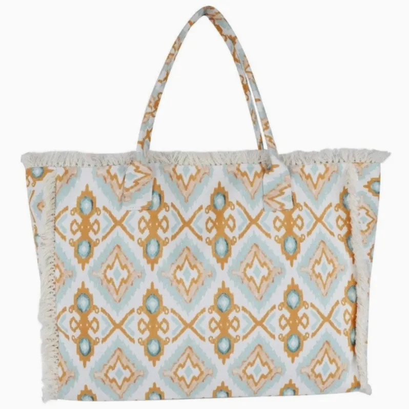 Delilah Boho Pattern Fringe Blue & Orange Tote Bag