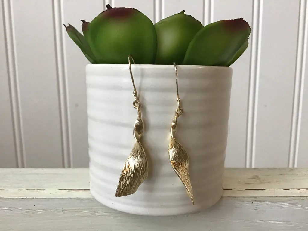 Gold Twisted Leaf Fishhook Earrings