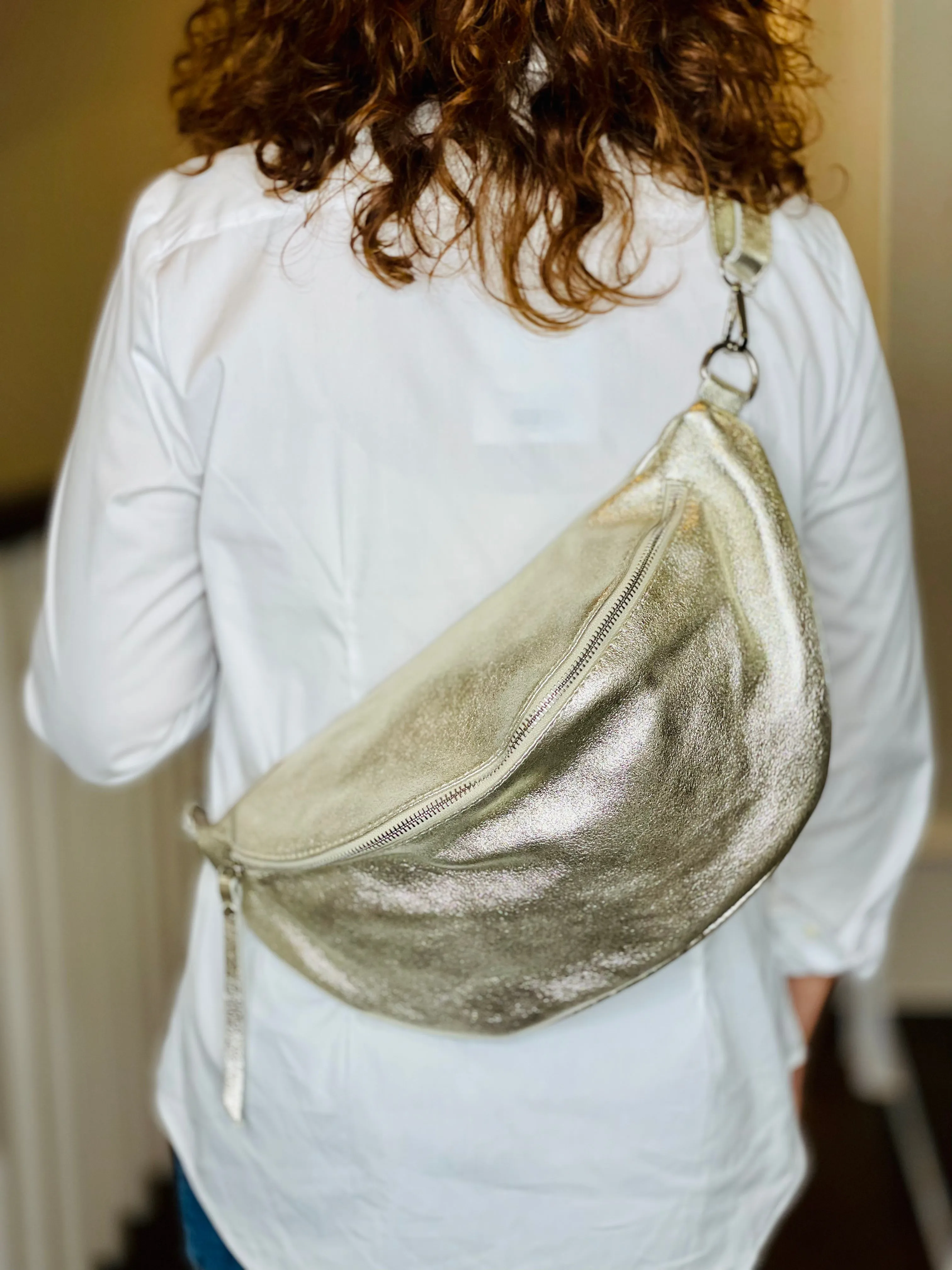 Large Leather Crossbody Bag in Gold