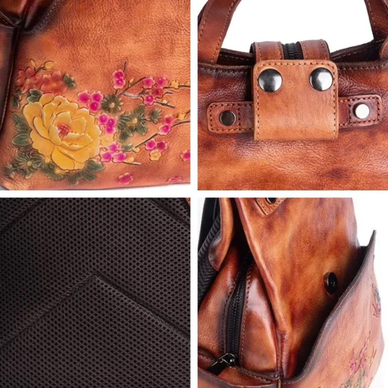 Luxury Floral Genuine Leather Backpack with Large Capacity