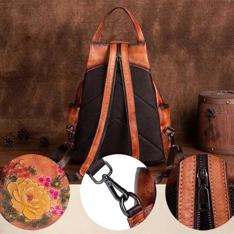 Luxury Floral Genuine Leather Backpack with Large Capacity