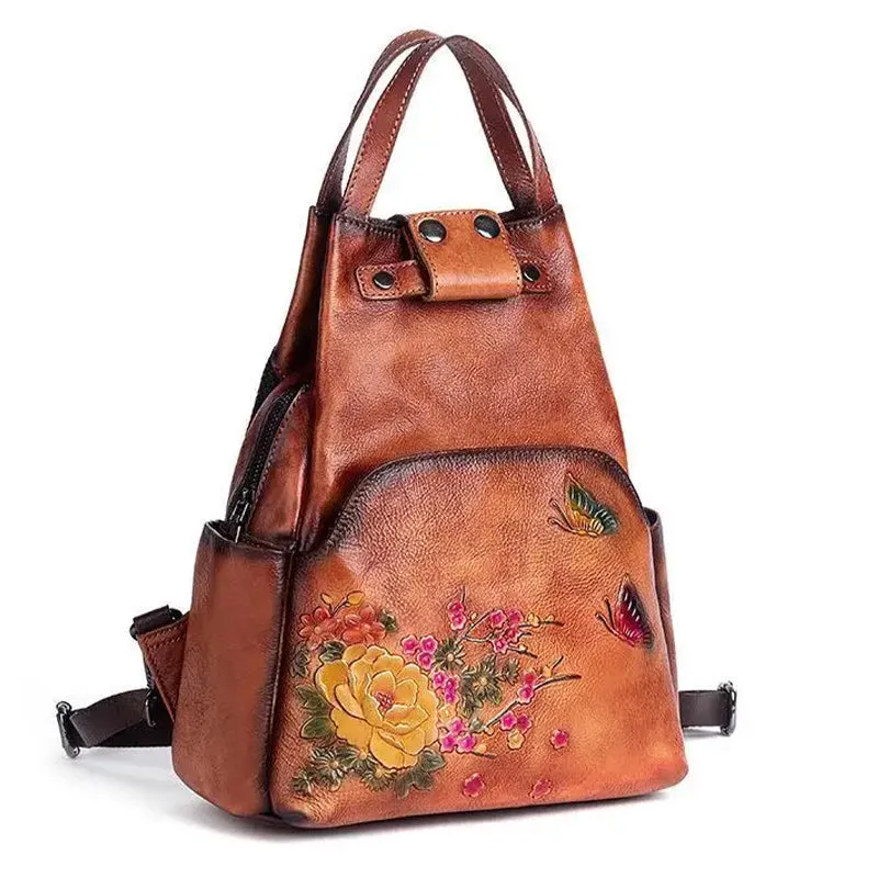 Luxury Floral Genuine Leather Backpack with Large Capacity