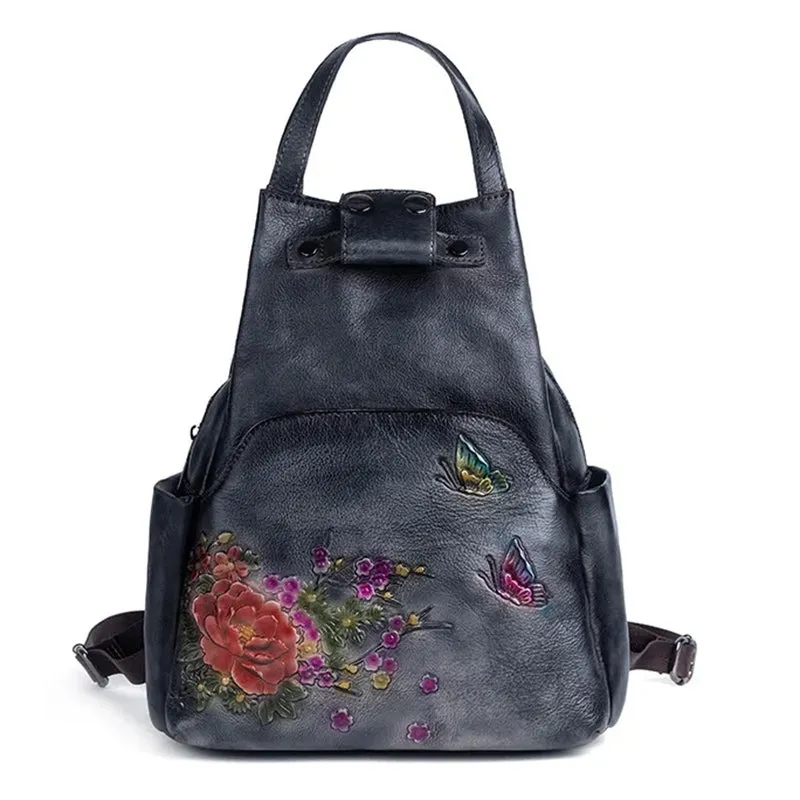 Luxury Floral Genuine Leather Backpack with Large Capacity