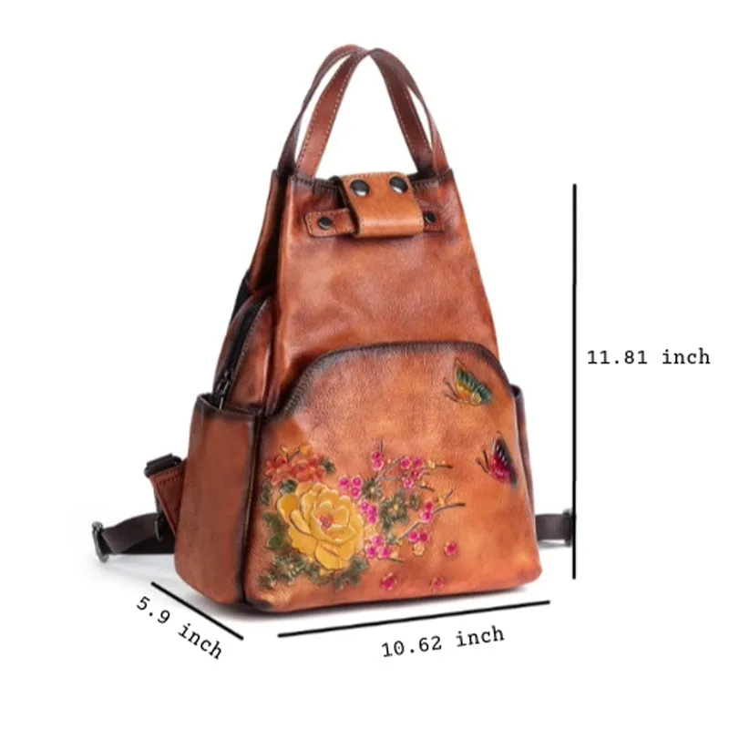 Luxury Floral Genuine Leather Backpack with Large Capacity