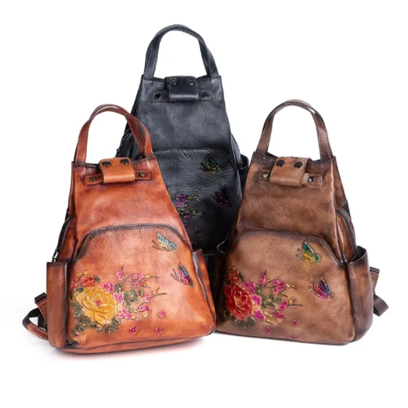 Luxury Floral Genuine Leather Backpack with Large Capacity