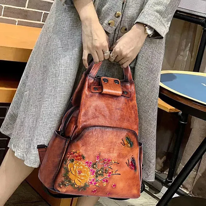 Luxury Floral Genuine Leather Backpack with Large Capacity