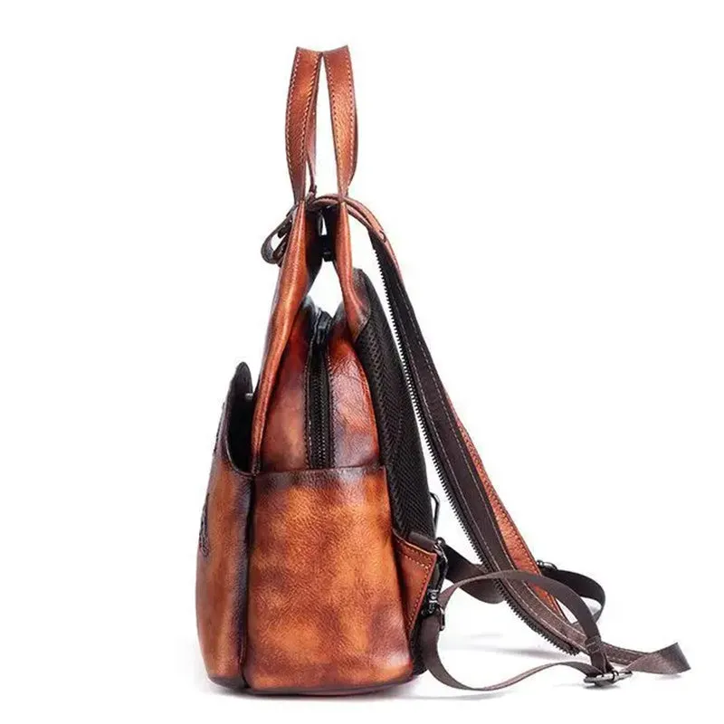 Luxury Floral Genuine Leather Backpack with Large Capacity