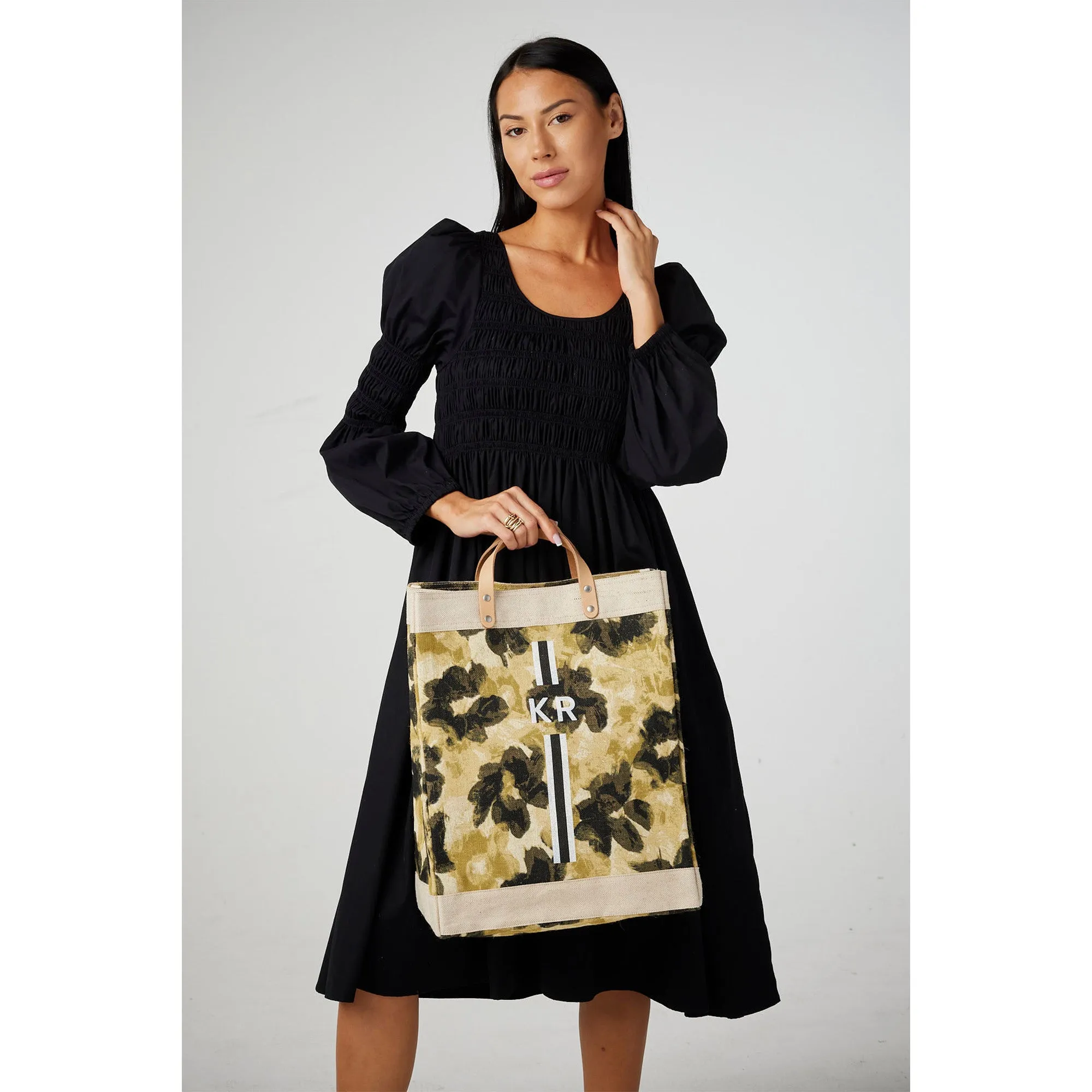 Market Bag in Khaki Bloom by Liesel Plambeck with Monogram