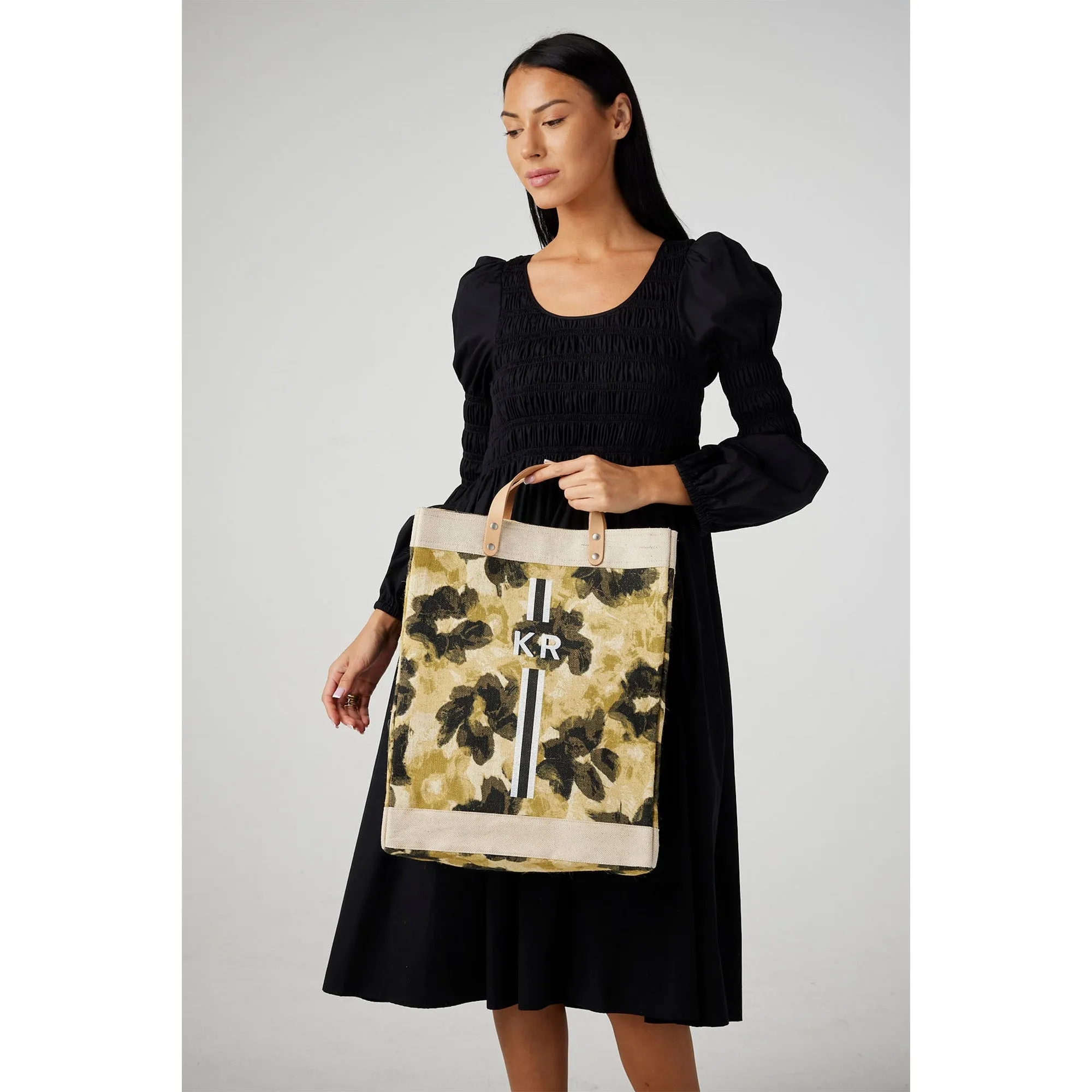 Market Bag in Khaki Bloom by Liesel Plambeck with Monogram