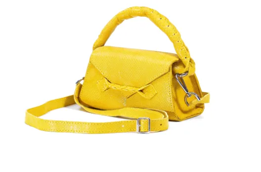 MARTE EGELE YELLOW PRINT ESE PLUS Handwoven Top Handle, Front Closure Strip, and magnetic closure Handbag