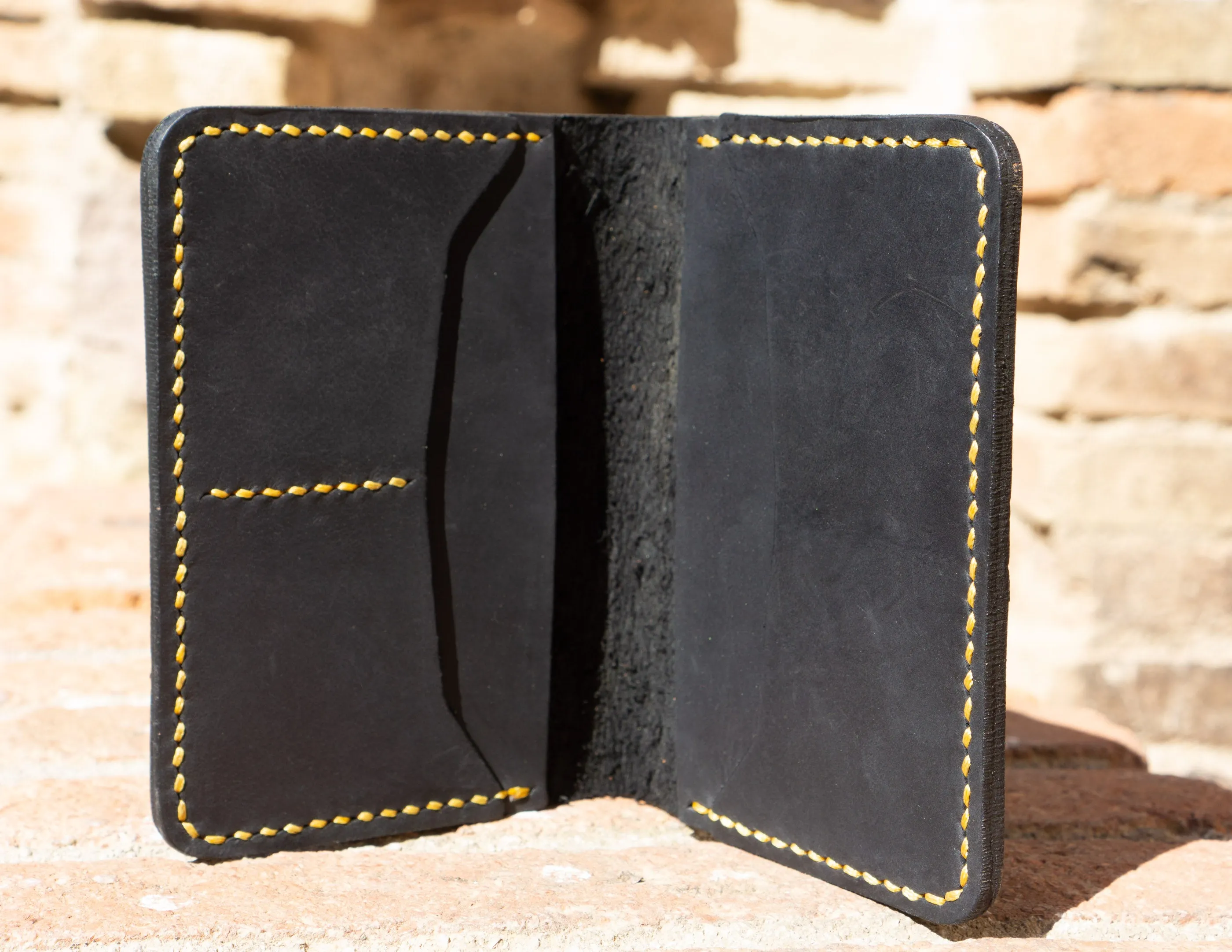 Minimalist Leather Wallet- Fashion Racing, Black Leather Yellow Thread