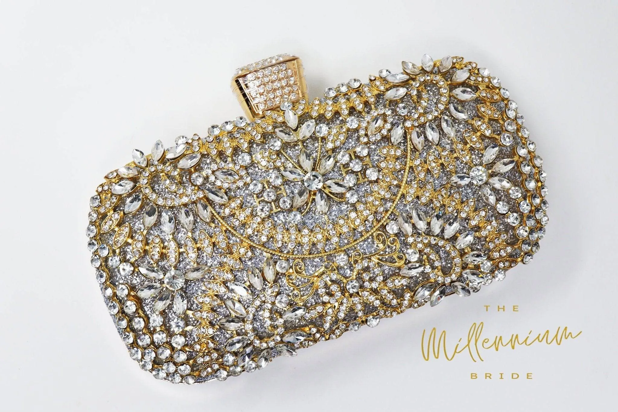 Silver Gold Crystal Floral Leaves Wedding Clutch, Statement Bag, Evening Clutch, Wedding Clutch, Bridal Bag, Silver gold Cross Body Bag