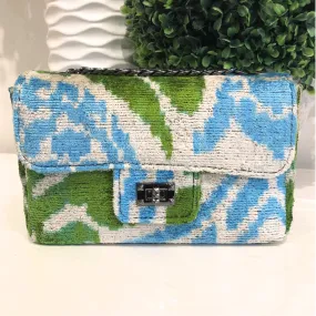 Teramasu One of a Kind Handmade Blue, Green And White Geometric Design Silk Tapestry Purse