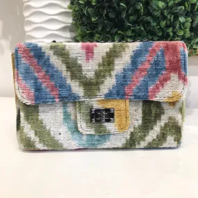 Teramasu One of a Kind Handmade Multi Color Zig Zag Design Silk Tapestry Purse