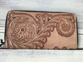 Tooled Leather Zip Around Wallet