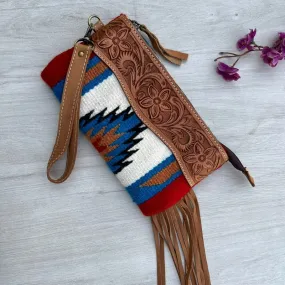 White Navajo Blanket Clutch with Tooled Leather